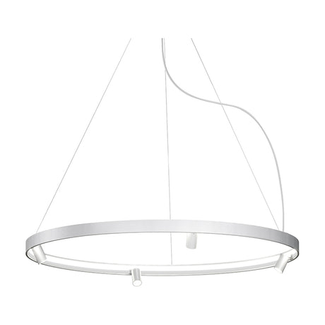 Arena Aluminium Ring LED Pendant Light 147cm, a slim white circular hoop with integrated LED and three adjustable spotlight heads, hung on fine suspension wires against a plain white background.