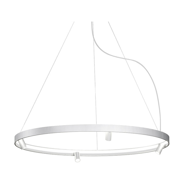 Arena Aluminium Ring LED Pendant Light 147cm, a slim white circular hoop with integrated LED and three adjustable spotlight heads, hung on fine suspension wires against a plain white background.