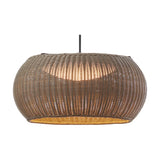 Perris S/47 Outrack outdoor track pendant with a wide, flattened woven brown synthetic fibre globe shade, integrated LED glowing through the open weave, on a plain white background.