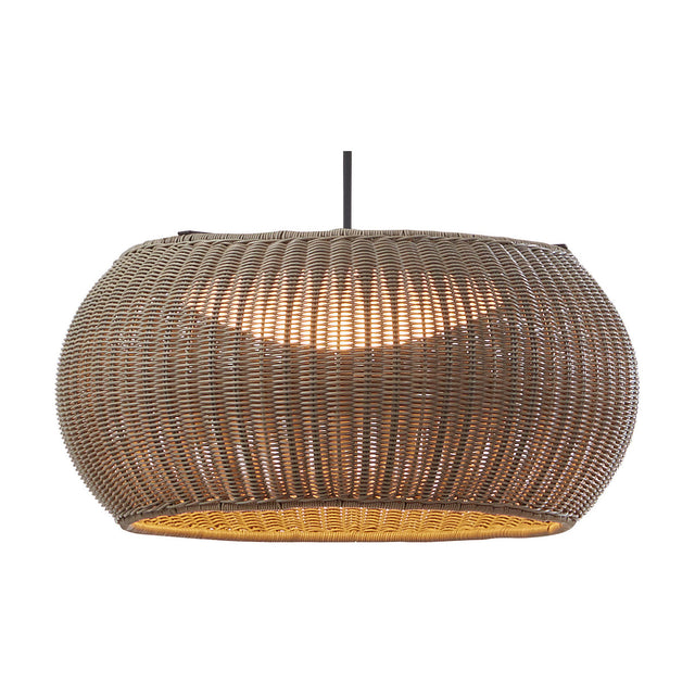 Perris S/47 Outrack outdoor track pendant with a wide, flattened woven brown synthetic fibre globe shade, integrated LED glowing through the open weave, on a plain white background.