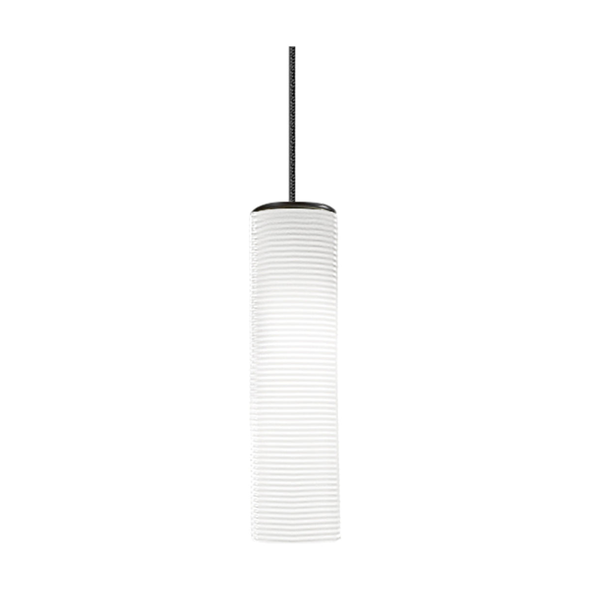 Clio Glass LED Pendant Light in white, a slim ribbed cylindrical glass shade on a black cable with matching canopy, shown on a plain white background.