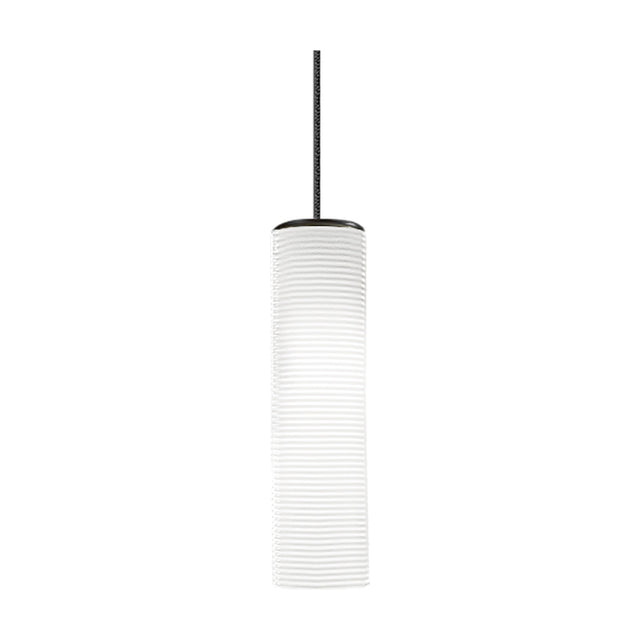 Clio Glass LED Pendant Light in white, a slim ribbed cylindrical glass shade on a black cable with matching canopy, shown on a plain white background.