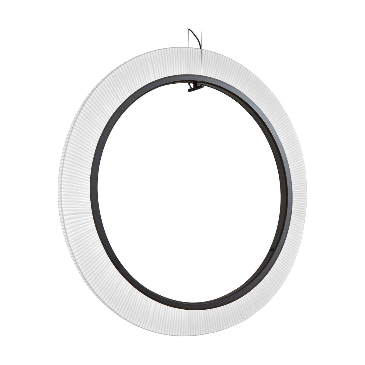 Roda S/120/V Ribbon Ring LED pendant light, a large circular fixture with pleated white translucent fabric around a black inner ring, shown on a plain white background.