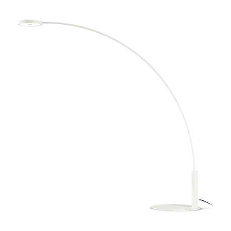 Dip Arc LED Outdoor Floor Lamp in white, featuring a slim curved stem rising from a round base to a flat disc head, shown on a plain white background.