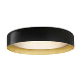 Ginevra 30 Drum LED Flush Ceiling Light with a matt black band, brass-lined interior and white diffuser, shown on a plain white background.