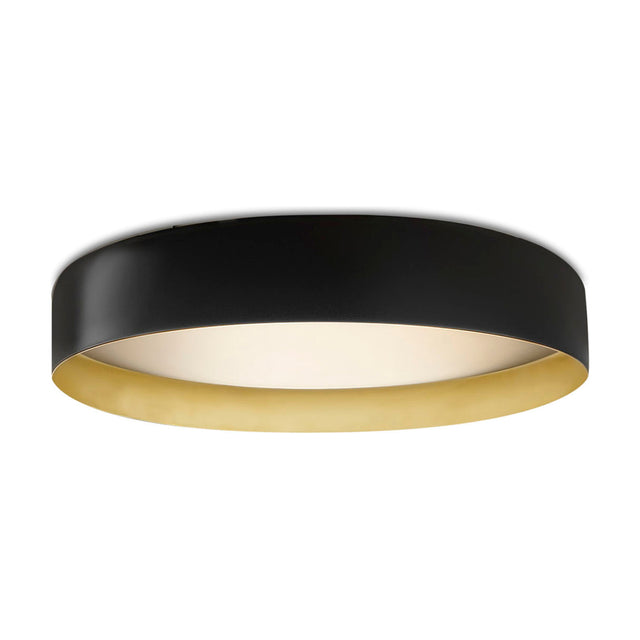 Ginevra 30 Drum LED Flush Ceiling Light with a matt black band, brass-lined interior and white diffuser, shown on a plain white background.
