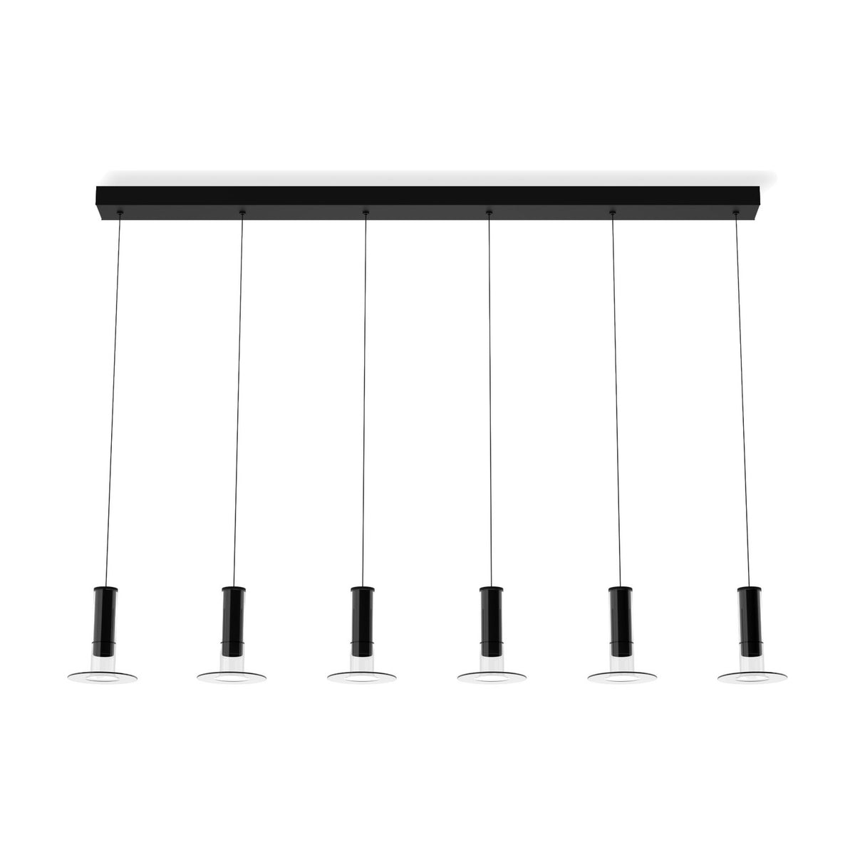 Matt black Auriel Linear 6 ceiling canopy with slim bar holding six evenly spaced pendant cords, cylindrical heads, and clear flat discs, on white background.