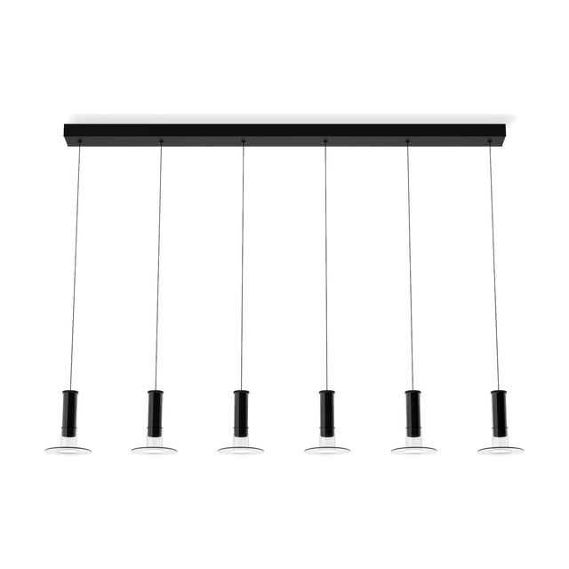 Matt black Auriel Linear 6 ceiling canopy with slim bar holding six evenly spaced pendant cords, cylindrical heads, and clear flat discs, on white background.