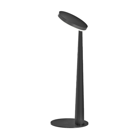 Bella Direct black aluminium LED table lamp with slim tapered stem, angled round disc head, and flat round base, shown on a plain white background.