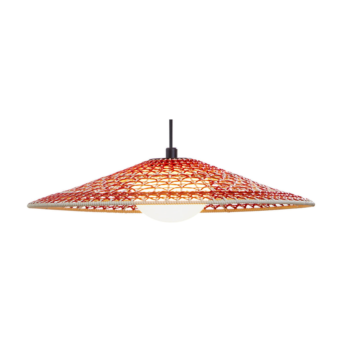 Nans S/55 Outrack outdoor pendant light with a wide, shallow woven shade in red, orange and beige, beige rim, black suspension cable and round white diffuser, shown on a plain white background.