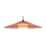Nans S/55 Outrack outdoor pendant light with a wide, shallow woven shade in red, orange and beige, beige rim, black suspension cable and round white diffuser, shown on a plain white background.