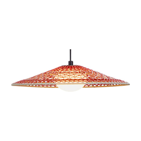 Nans S/55 Outrack outdoor pendant light with a wide, shallow woven shade in red, orange and beige, beige rim, black suspension cable and round white diffuser, shown on a plain white background.