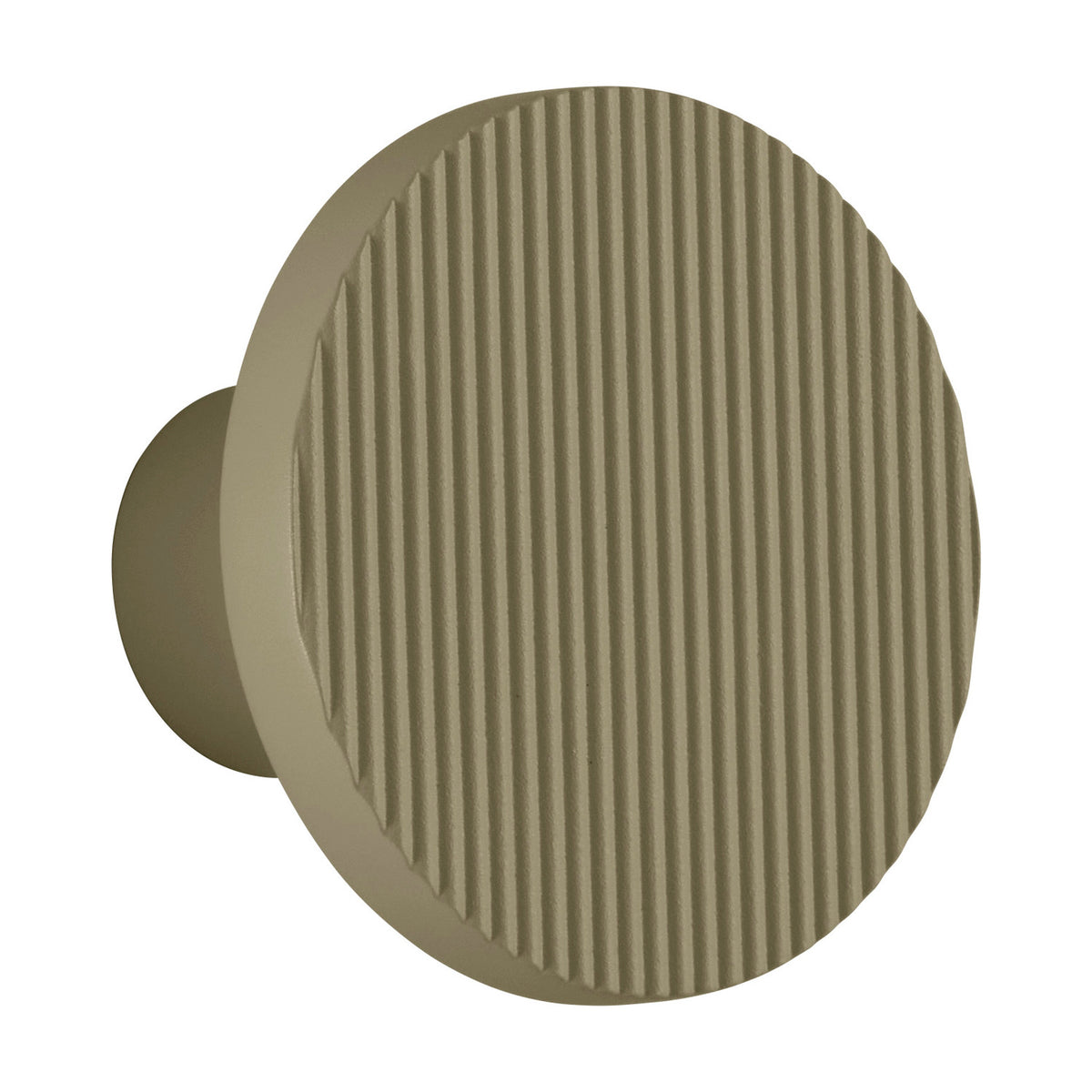 Arid A/01 round aluminium LED wall light with vertically fluted disc in textured olive grey finish, mounted on a short stem, shown on a plain white background.