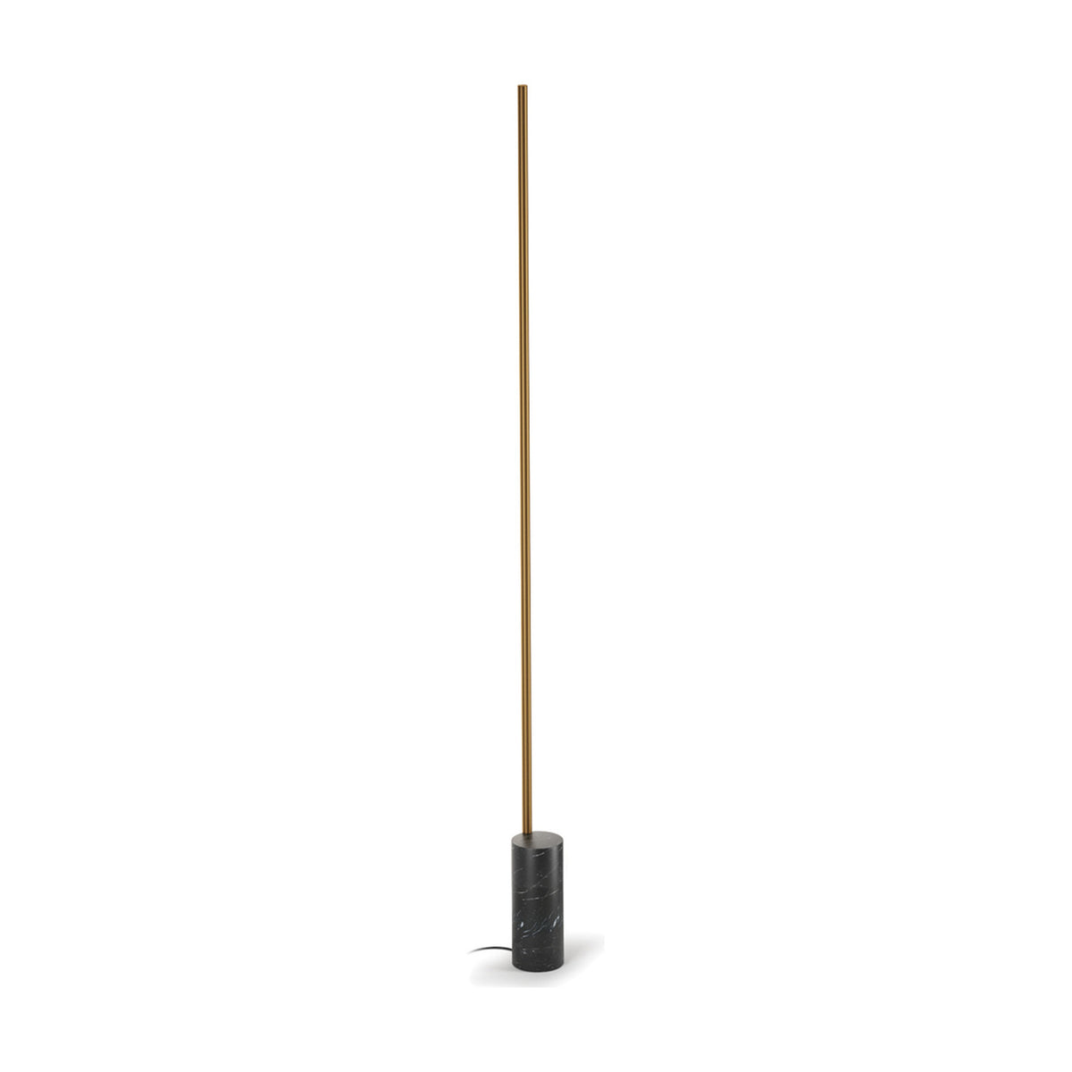 Hilow Line Nero Marquina linear floor lamp with a slim brushed bronze rod rising from a black marble cylinder base, shown on a plain white background.
