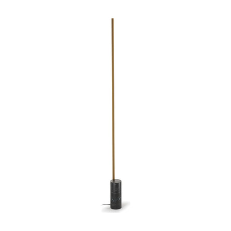 Hilow Line Nero Marquina linear floor lamp with a slim brushed bronze rod rising from a black marble cylinder base, shown on a plain white background.