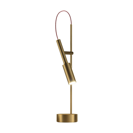 Tubino LED table lamp in brushed bronze with a slim cylindrical head angled on a short arm from a round-based stem, a red cable looping to the top, shown against a plain white background.