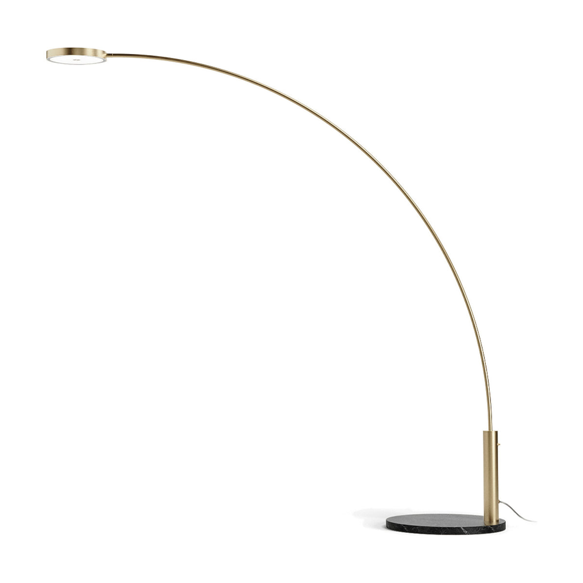 Dip Nero Marquina arc LED floor lamp with a slim curved brass-finish arm, round disc head, and black marble circular base, shown on a plain white background.