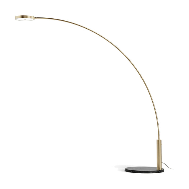 Dip Nero Marquina arc LED floor lamp with a slim curved brass-finish arm, round disc head, and black marble circular base, shown on a plain white background.