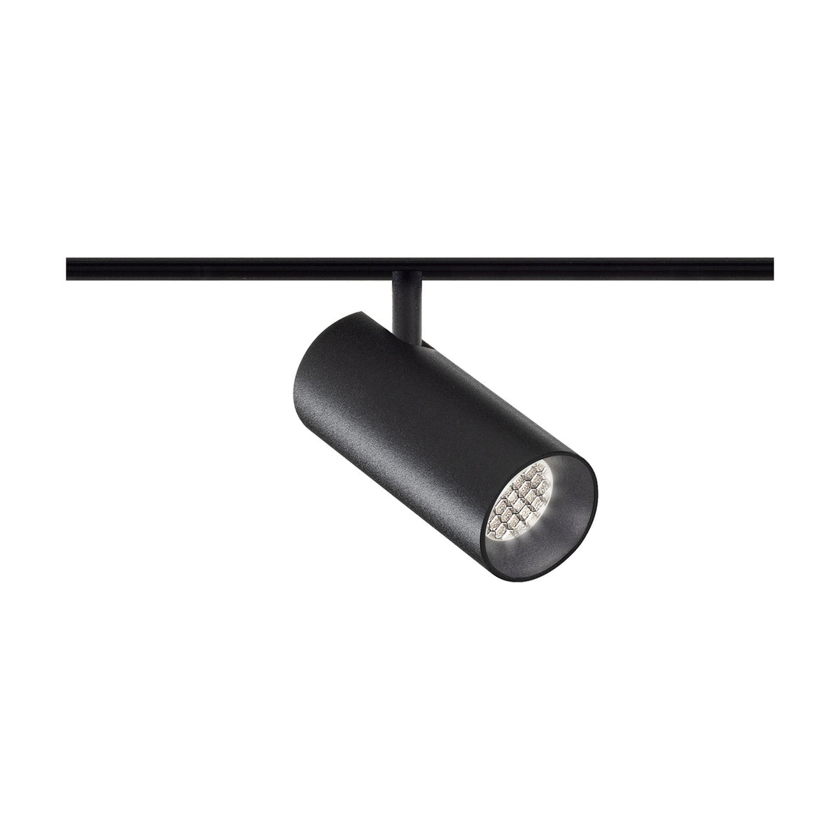 Street 8 Aluminium LED Track Spotlight in matte black, a compact cylindrical head on a short stem mounted to a black track, shown against a plain white background.