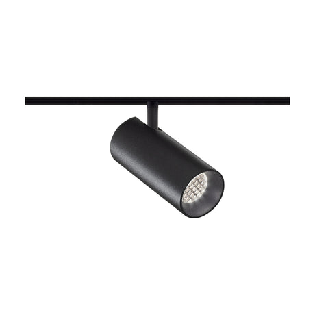 Street 8 Aluminium LED Track Spotlight in matte black, a compact cylindrical head on a short stem mounted to a black track, shown against a plain white background.