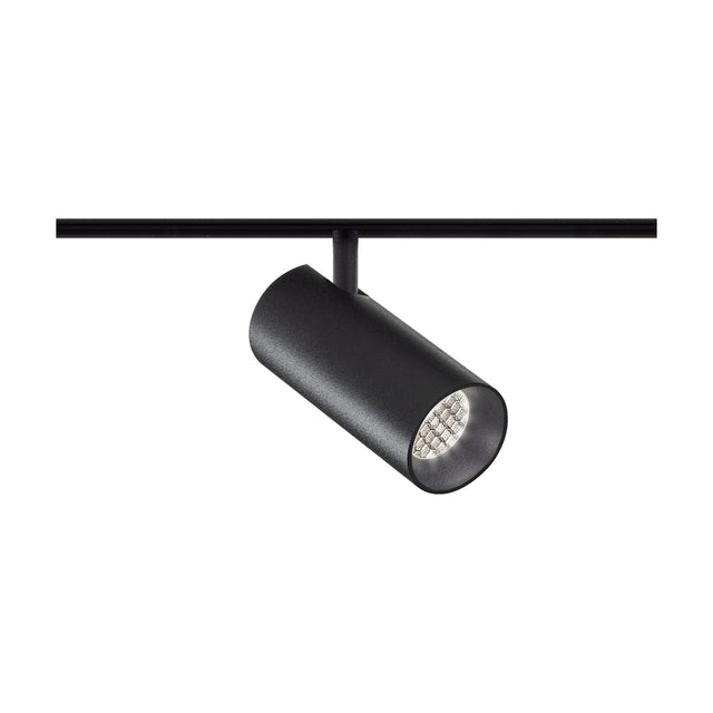 Street 8 Aluminium LED Track Spotlight in matte black, a compact cylindrical head on a short stem mounted to a black track, shown against a plain white background.