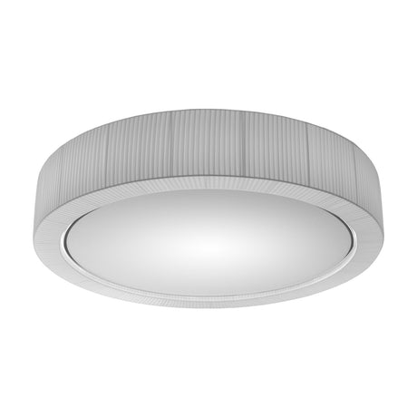 Urban PF/120 Ribbon LED ceiling light with a round drum shade in white ribbed fabric over an iron frame and a wide white diffuser, shown on a plain background.