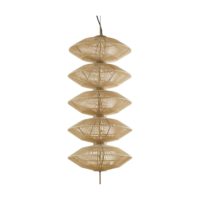 Yuyun S/5L fabric LED pendant light with five stacked beige woven cotton tiers on a slim aluminium and steel stem, shown on a plain white background.