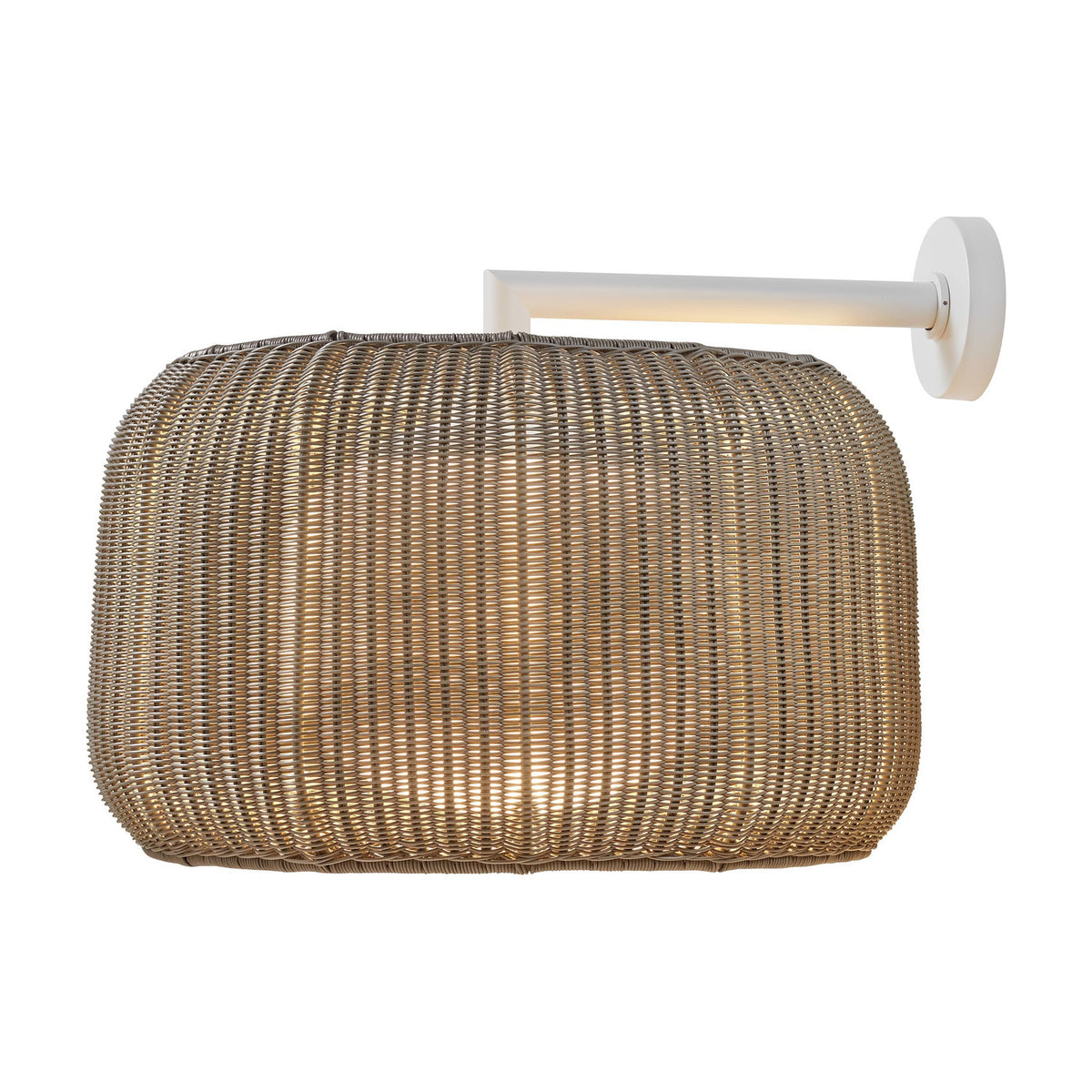 Fora A Drum LED outdoor wall light with a woven light beige drum shade on a white wall-mounted arm, shown on a plain white background.