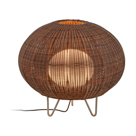 Garota P/01 Globe LED Outdoor Floor Lamp in brown, a wide woven globe shade glowing from within, raised on slim metal hairpin legs against a plain white background.
