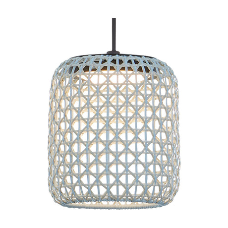 Nans S/21 Outrack pendant light with a rounded woven lattice shade in beige, light blue and grey tones, suspended from a dark cord with integrated LED, shown on a plain white background.