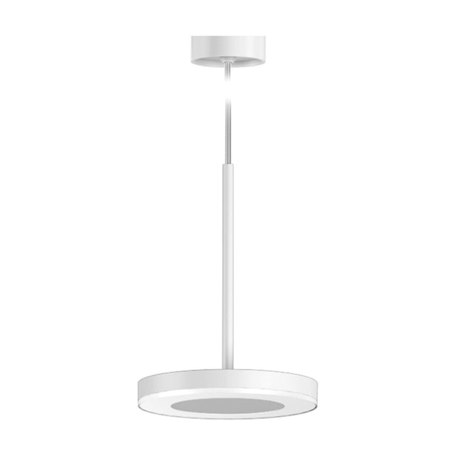 Bella Direct LED pendant light in white aluminium, featuring a slim round disc shade on a thin stem with a round ceiling mount, shown on a plain white background.