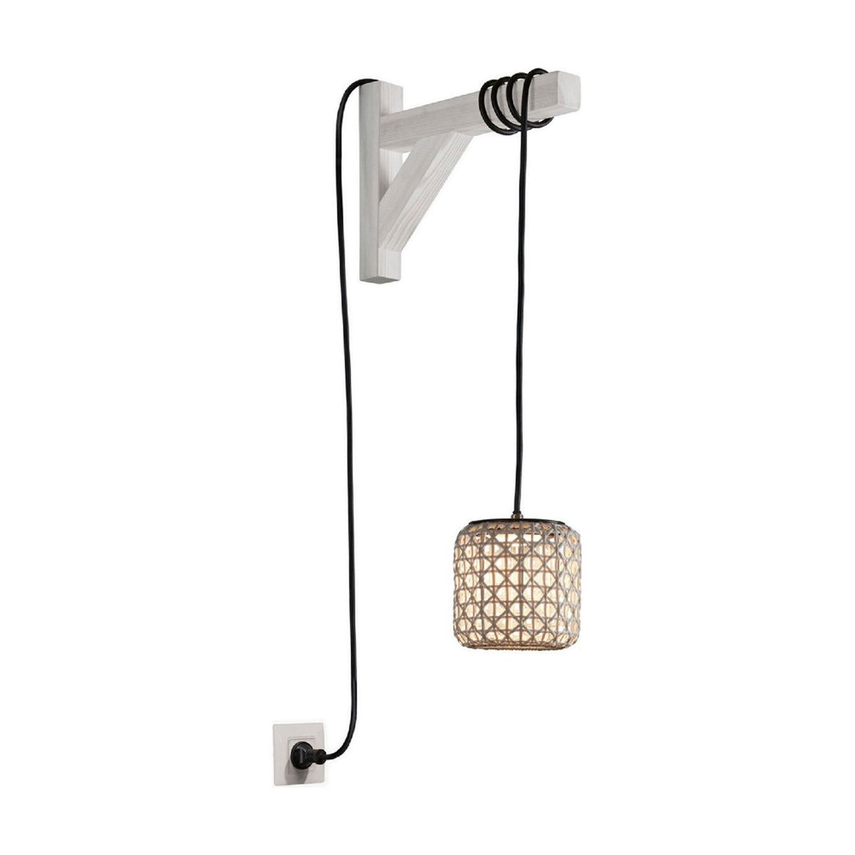 Nans S/16/H plug-in outdoor pendant light with a woven beige barrel-shaped shade, black cord looped over a white wooden wall bracket, on a plain white background.