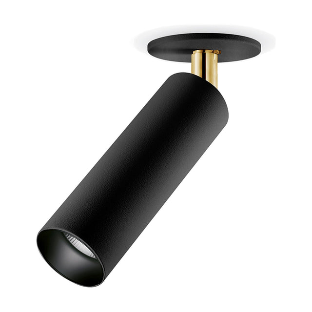Lola Recessed LED Downlight in black, featuring a slim cylindrical head on an adjustable pivot stem beneath a round ceiling canopy, shown against a plain white background.