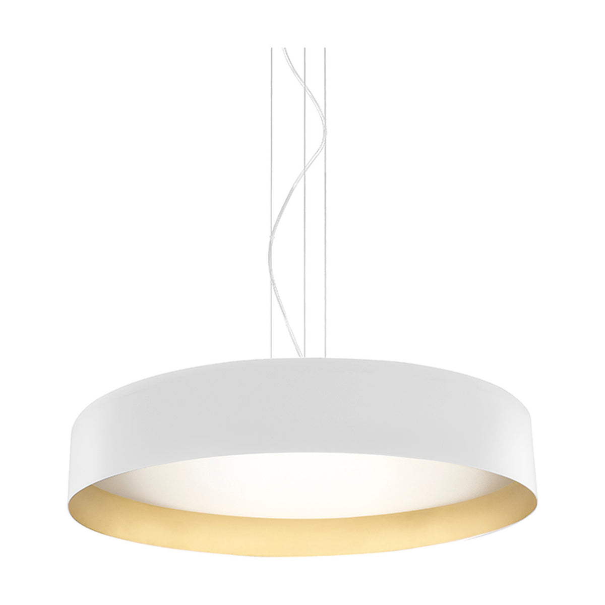 Ginevra LED pendant light, an 80cm wide shallow drum in matt white with a brass-coloured interior around a white diffuser, suspended on thin cables against a plain white background.