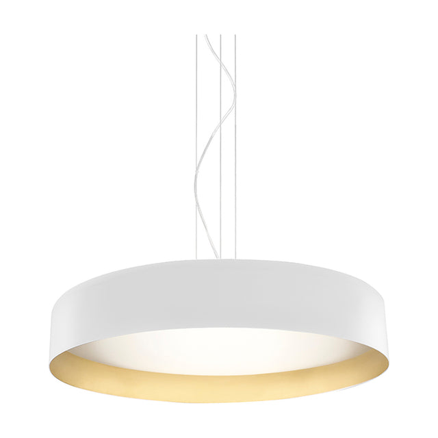 Ginevra LED pendant light, an 80cm wide shallow drum in matt white with a brass-coloured interior around a white diffuser, suspended on thin cables against a plain white background.