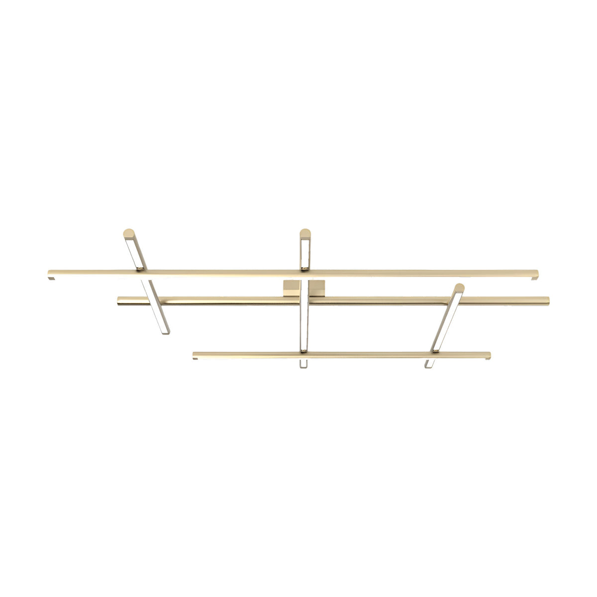 Hilow LED semi-flush ceiling light with three straight bars crossed by three angled bars with black diffusers, finished in Brushed Champagne, on a plain white background.