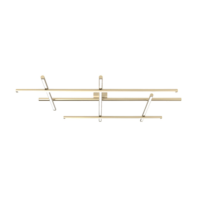 Hilow LED semi-flush ceiling light with three straight bars crossed by three angled bars with black diffusers, finished in Brushed Champagne, on a plain white background.
