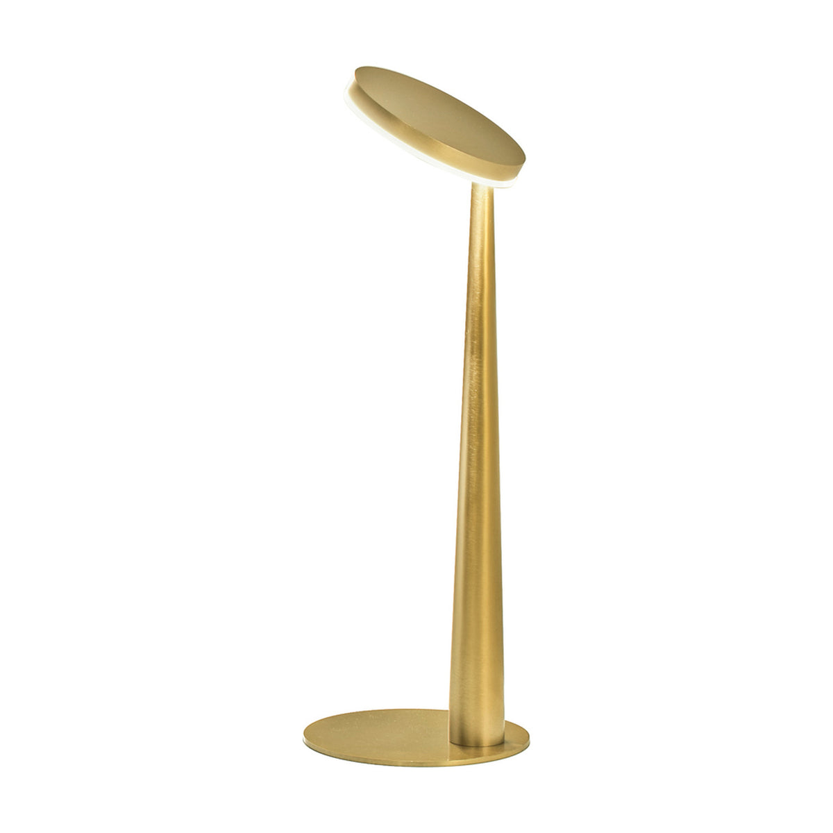 Bella Direct LED table lamp in Brushed Brass, with a tapered round stem, angled round disc head, and flat circular base, shown on a plain white background.