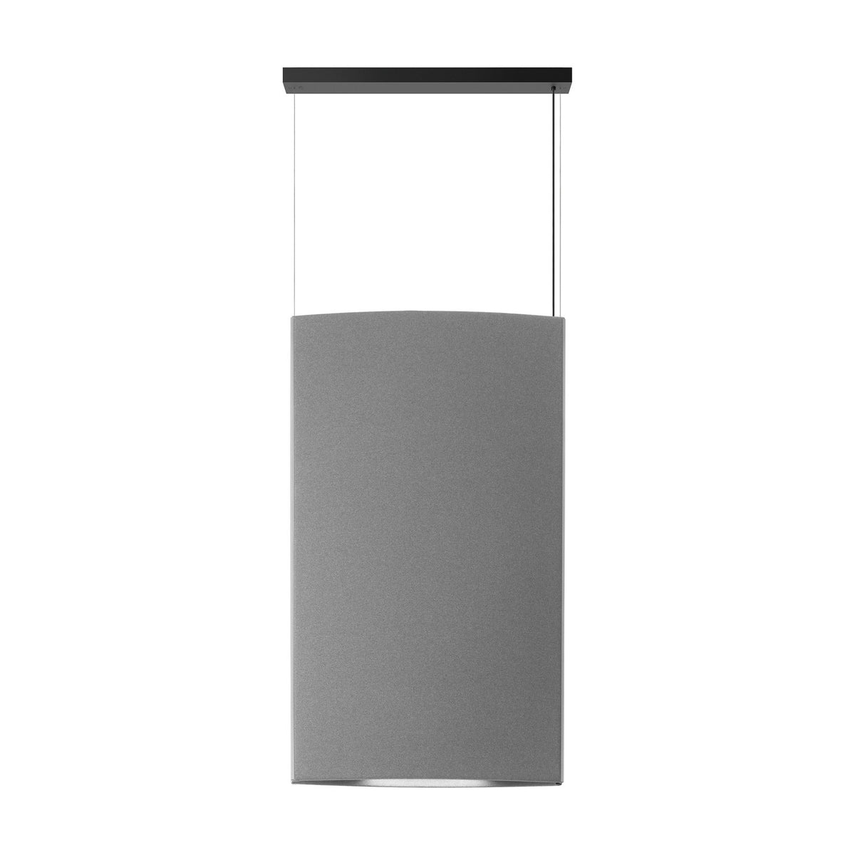 Noren S/72 fabric LED pendant light with a tall curved light grey panel shade, suspended on two fine wires from a slim black ceiling canopy, shown on a plain white background.