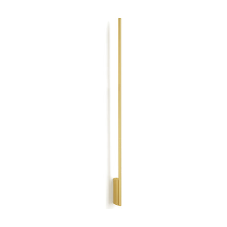 Hilow Line linear wall light in brushed brass, a slim 150cm vertical bar mounted on a small rectangular wall bracket, shown against a plain white background.