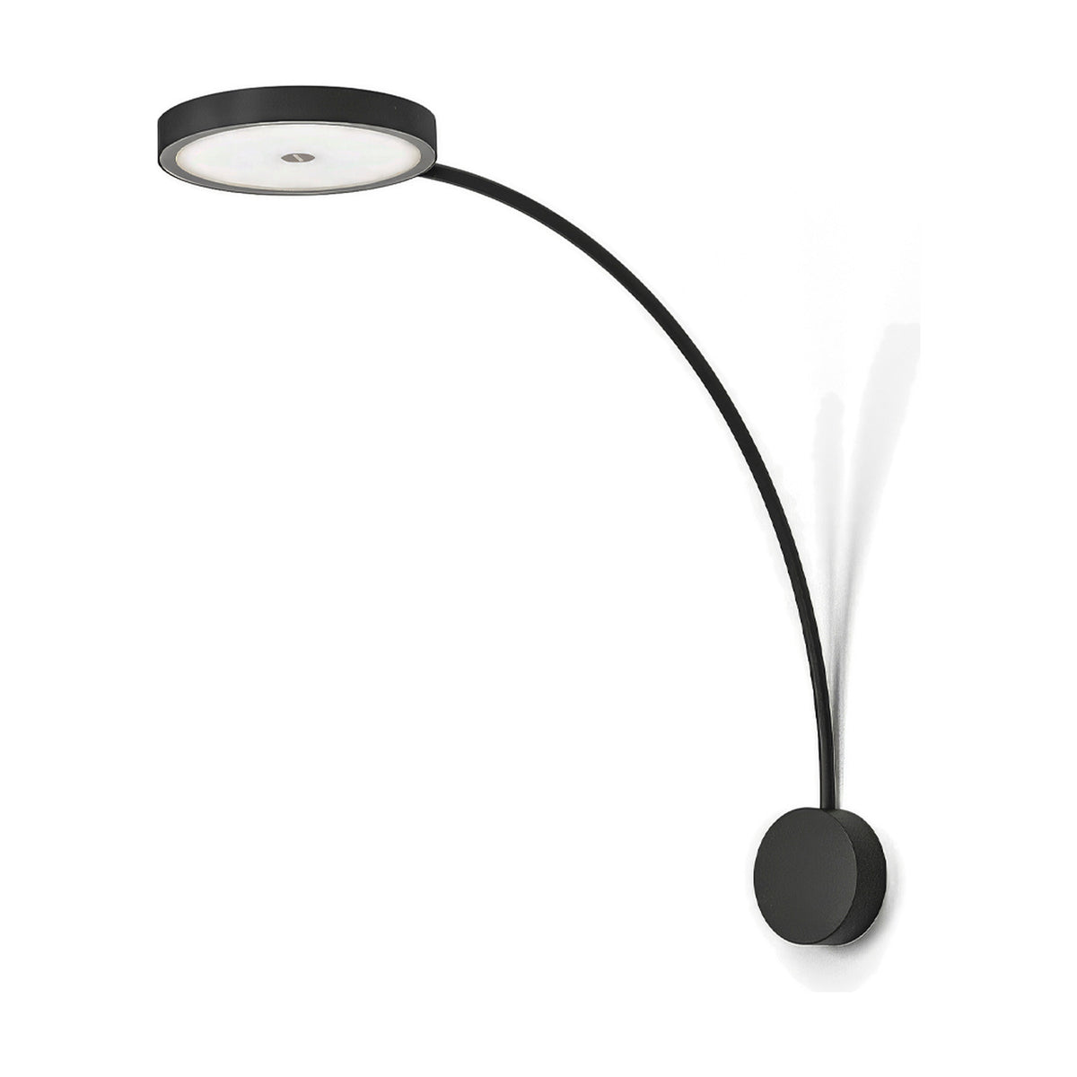 Dip Disc LED Wall Light in matte black, featuring a round wall plate with a long curved arm extending to a flat circular disc head, shown on a plain white background.