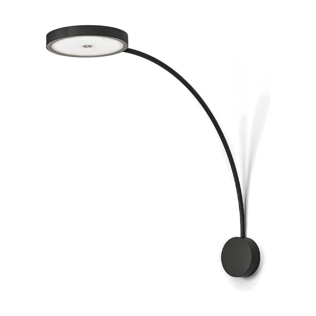 Dip Disc LED Wall Light in matte black, featuring a round wall plate with a long curved arm extending to a flat circular disc head, shown on a plain white background.