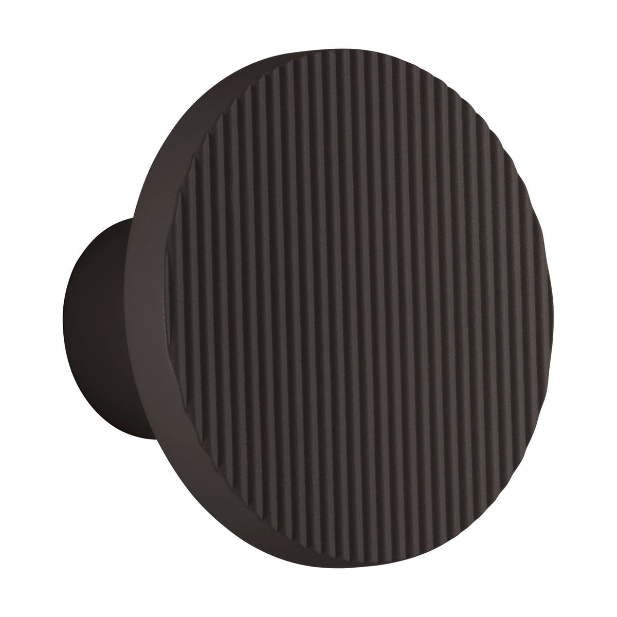 Arid A/01 round LED wall light in Textured Black aluminium, showing a fluted disc face on a short stem, set against a plain white background.
