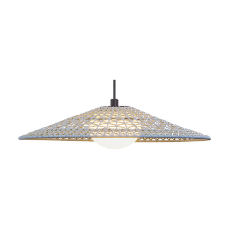 Nans S/55 Outrack woven outdoor track pendant light with a wide, shallow beige cone shade, white rounded diffuser, and black suspension cable on a plain white background.