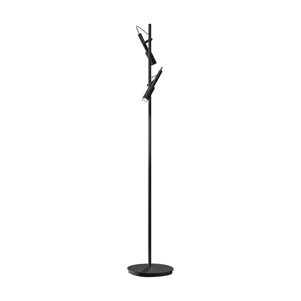 Tubino 2 Light Aluminium LED Floor Lamp in matt black, slim upright stem on a round base with two narrow tube-shaped heads angled near the top, shown on a plain white background.