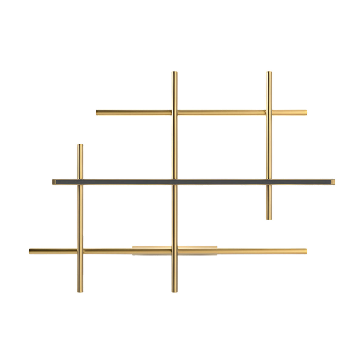 Hilow LED wall light with brushed brass rods crossing in a geometric lattice and one black linear diffuser bar, shown on a plain white background.