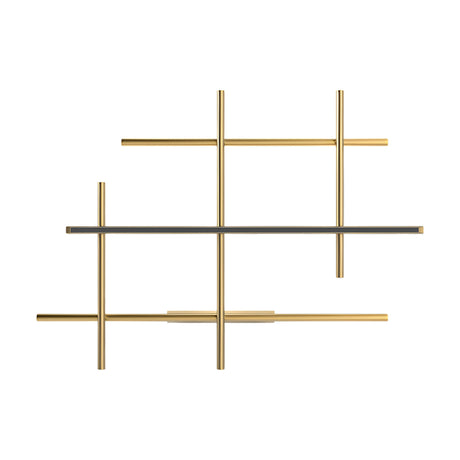 Hilow LED wall light with brushed brass rods crossing in a geometric lattice and one black linear diffuser bar, shown on a plain white background.