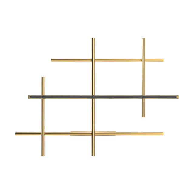 Hilow LED wall light with brushed brass rods crossing in a geometric lattice and one black linear diffuser bar, shown on a plain white background.