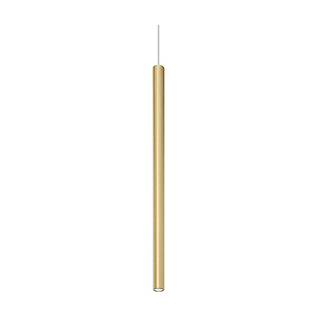 To-Be linear LED pendant light in brushed brass, a slim 65cm cylinder with integrated lower light source, suspended on a thin cord against a plain white background.