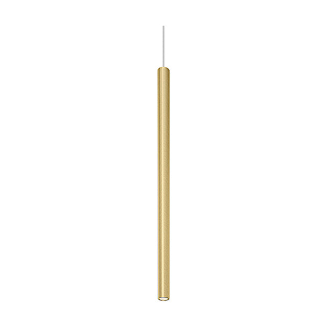 To-Be linear LED pendant light in brushed brass, a slim 65cm cylinder with integrated lower light source, suspended on a thin cord against a plain white background.